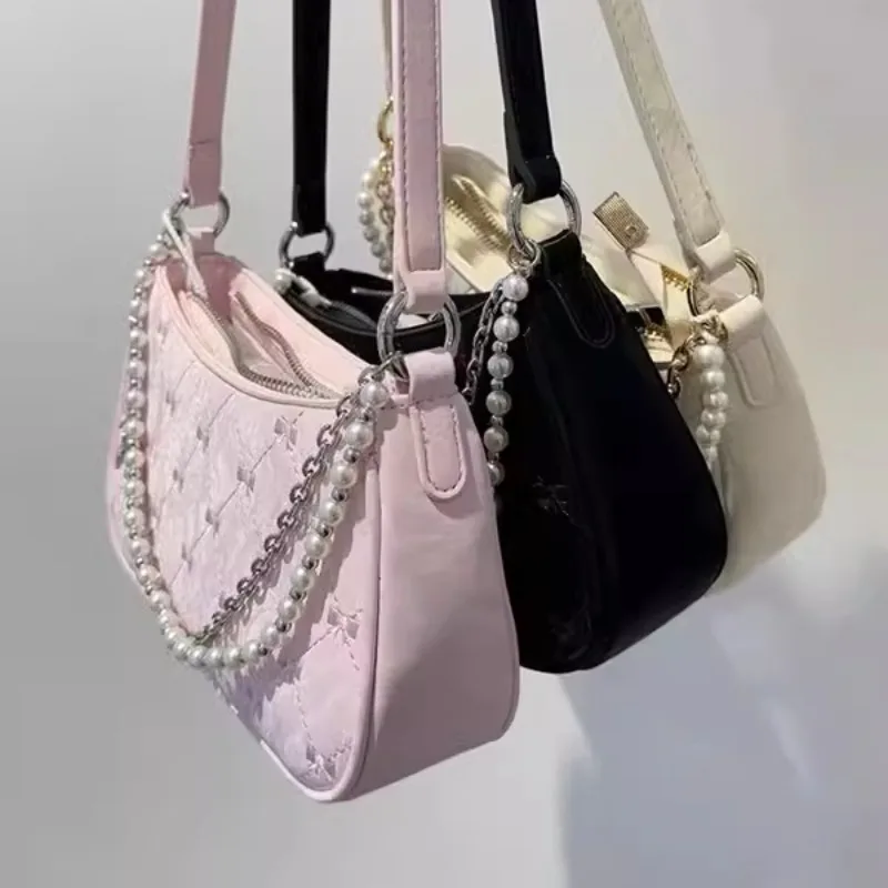 Xiuya Borsa a tracolla da donna rosa Elegante fiocco carino Catene di perle Borsa con ricamo con fiocco Borsa femminile in pelle moda coreana casual