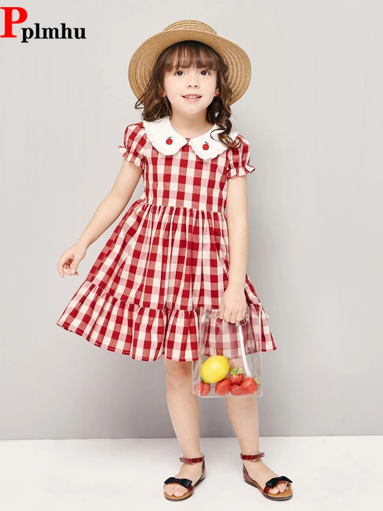 2024 New Girls Summer Dress Red Plaid Print Sweet Dresses Loose Doll Collar Cute Vestidos Princess Style Short Sleeve Elbise