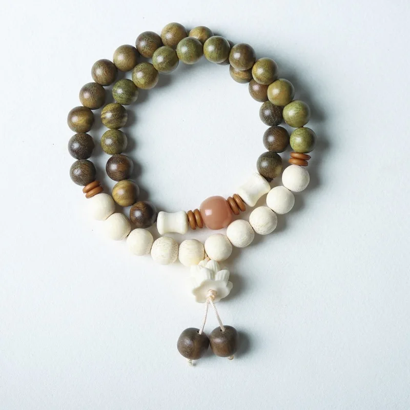 Natural Green Sandalwood Golden Bamboo Double Circle Prayer Bead Bracelet for Men and Women DIY Lotus Buddha Beads Ethnic Re