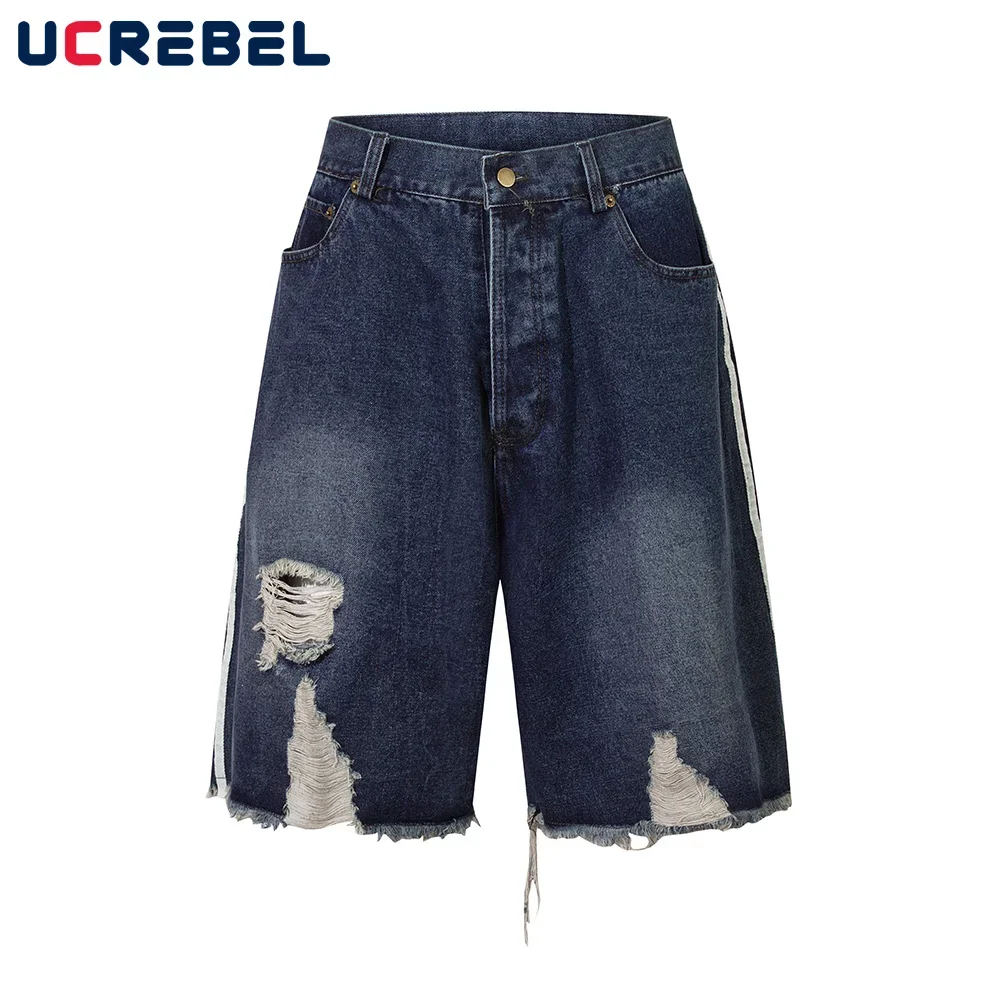 

Washed Distressed Denim Knee-length Shorts Mens High Street Summer Loose Straight Pocket Spliced Short Jeans