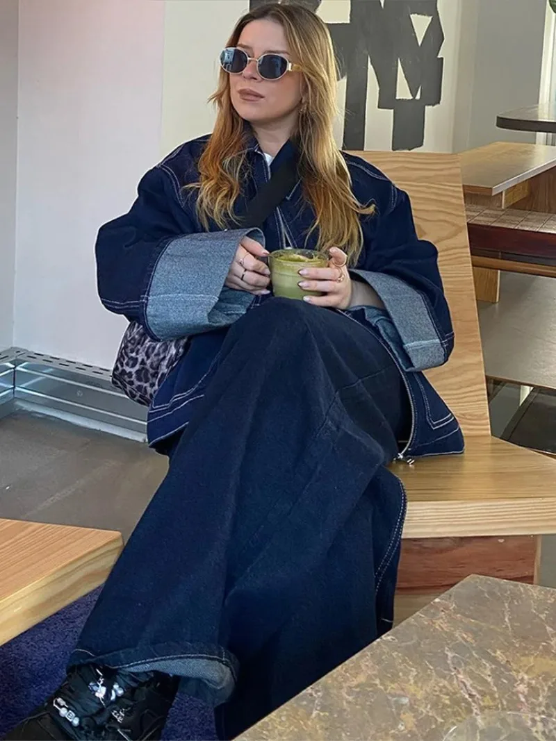 Fashion Zipper Tasche Denim Hosen Sets Frauen Lose Revers Volle Hülse Jacke Breite Bein Jean 2025, Frühling Dame High Street Outfits