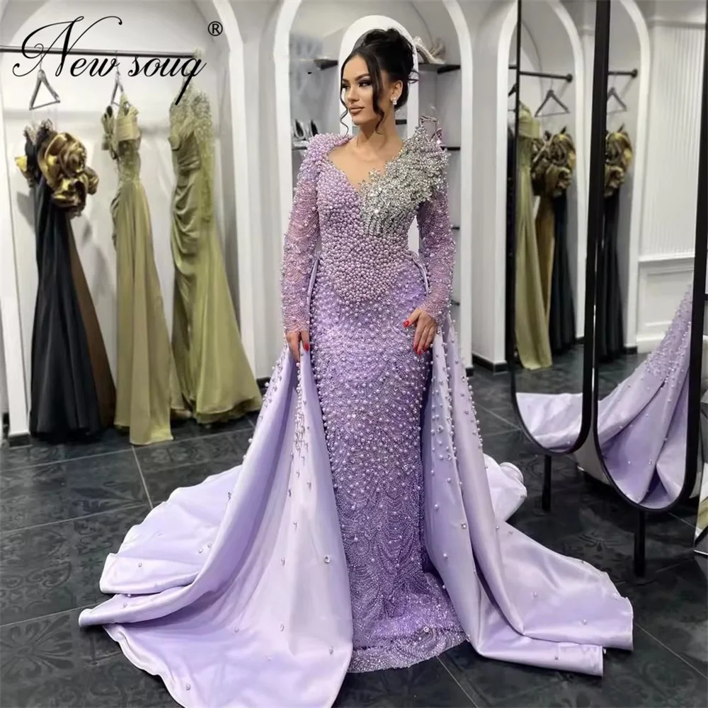 Elegant Purple Pearls Evening Dresses Overskirt Dubai Long Sleeves Beading Cocktail Prom Dress Wedding Party Gowns Customized
