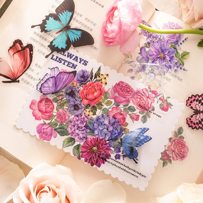 JIAMEI 50pcs/pack Floral Butterfly Stickers Waterproof PET DIY Scrapbooking Collage Junk Journal Aesthetics Decor Stickers