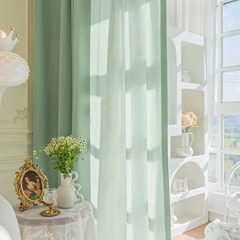 Neuer schlichter grüner Chiffon-Vorhang, 1-teilig, für Wohnzimmer und Schlafzimmer, transparenter grüner Vorhang