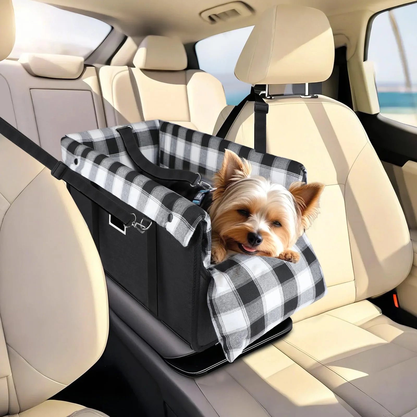 

Car Center Console Pet Dog Bed for Small Dogs - British Style Plaid Fabric Dog Car Seat,Handheld Portable Car Pet Bag