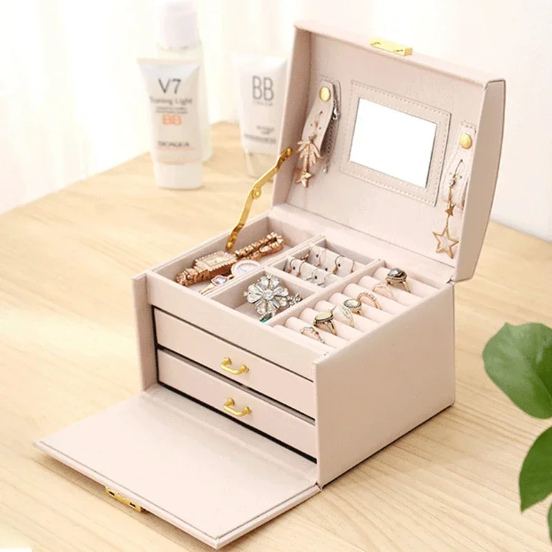 Three-layer Locked Jewelry Box European Wedding Gift Simple Wooden Jewelry Earrings Bracelet Ring Storage Box