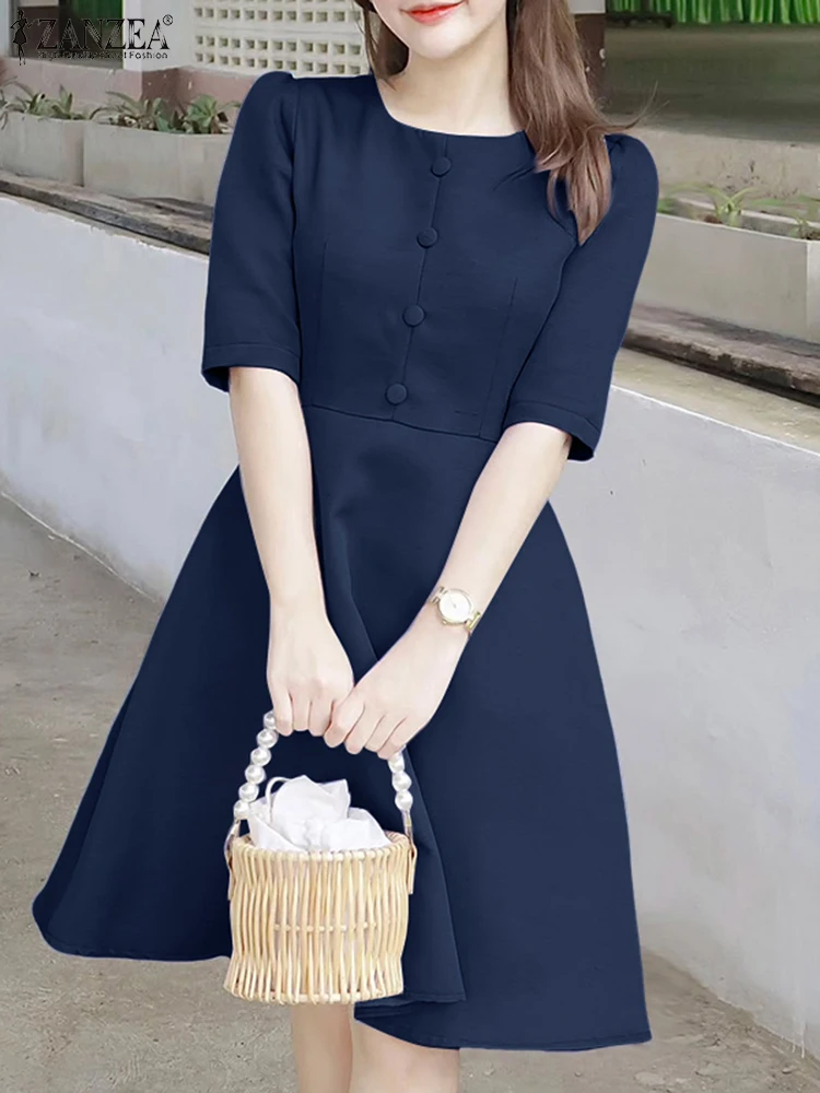 ZANZEA Elegante Frau A-linie Kleider Rundhals Halbe Hülse Ausgestattet Taille Knielangen Roben Femme Sommer Büro Tag Tragen Vestidos