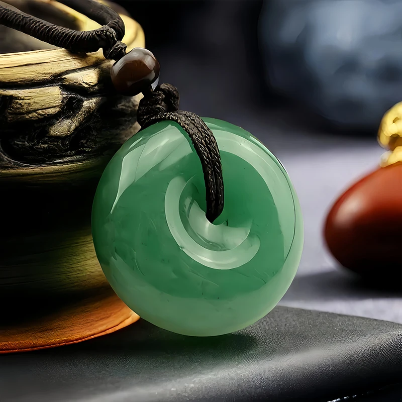 Natural Jade Pendant Dongling Jade Green Circular Pendant Hand-carved Men's and Women's Styles Emerald Jewelry Lucky Amulet