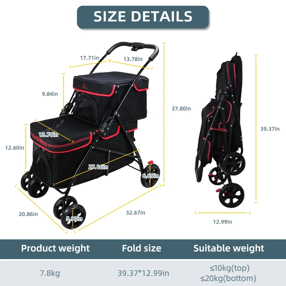 Wholesale Pet Twin Double Stroller Cat Dog Foldable 4-wheel Travel Carrier