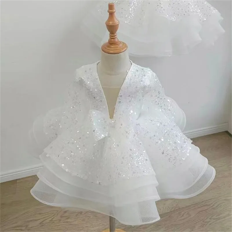 Vestido de Natal branco da criança, vestido Tutu, vestido de aniversário de um ano, traje de Natal Glitter, 12M, 18M