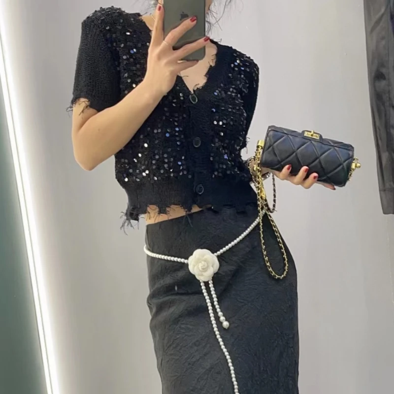 Giacche con paillettes da donna progettate con bordo grezzo monopetto vintage estivo scollo a V semplice streetwear moda stile coreano freddo
