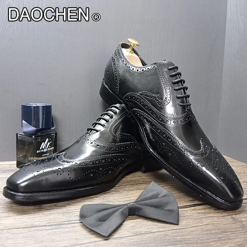 CLASSIC MEN'S OXFORD LACE UP BLACK GENUINE LEATHER MEN DRESS SHOES BROGUE WEDDING OFFICE BUSINESS FORMAL SHOES FOR MEN