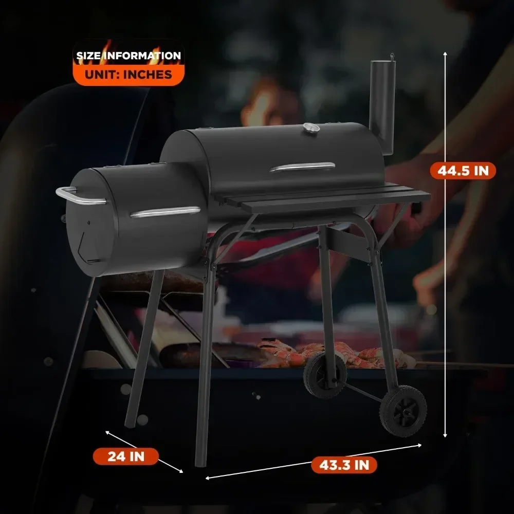 Charcoal BBQ Grill 43-inch Portable Camping Grill for 6-10 People, Offset Smoker, Braised Roast, Patio and Backyard Picnic Grill