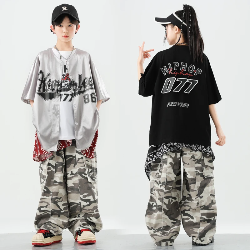 

Boys Hip Hop Silver T-shirt Camouflage Cargo Pants Girls K-pop Military Costumes Kids Jazz Dance Clothes Sets Child Streetwear