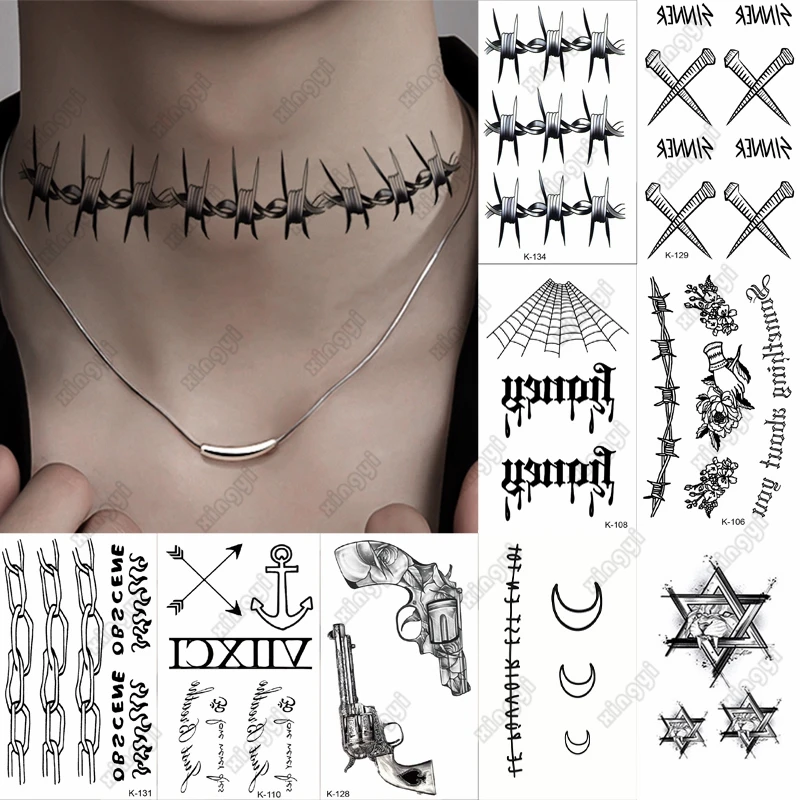 Waterproof Temporary Tattoo Sticker Wire Thorn Collar Flash Tatto Men Sinner Gun Spider Web Wrist Body Art Fake Tatoo Women Cool