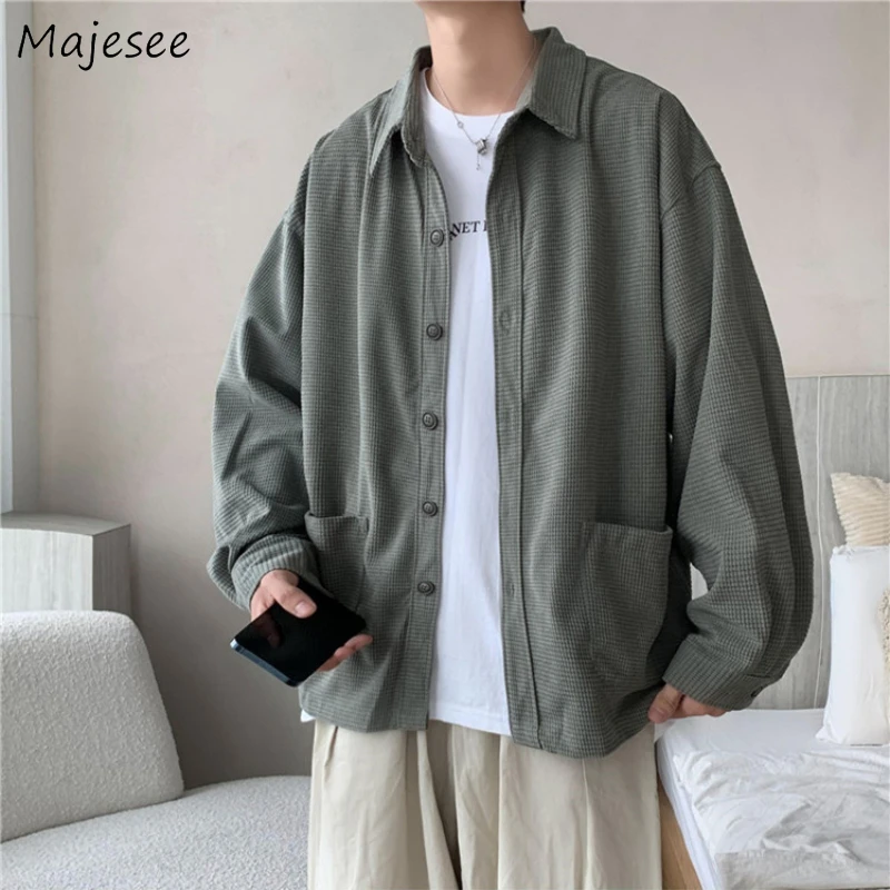 

Jackets Men Simple Loose Chic Kpop High Street Autumn Newly Fashion Casual Coats Turn-down Collar Solid Pocket Vintage All-match