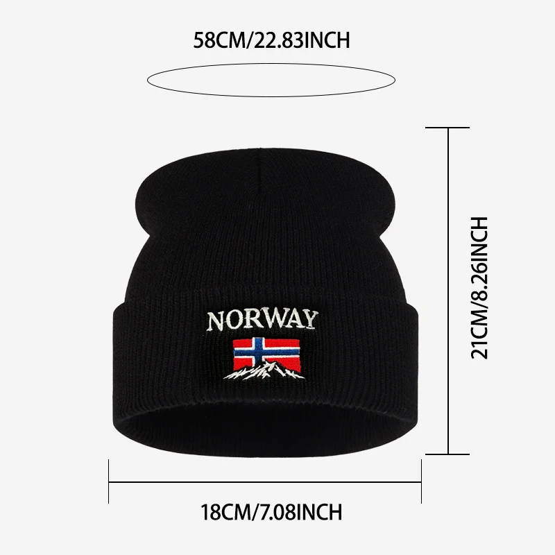 Retro Norway Flag Mountain Embroidered Beanie Cozy Knitted Hat Hiking Travel Outfit Thanksgiving New Year Festival Present