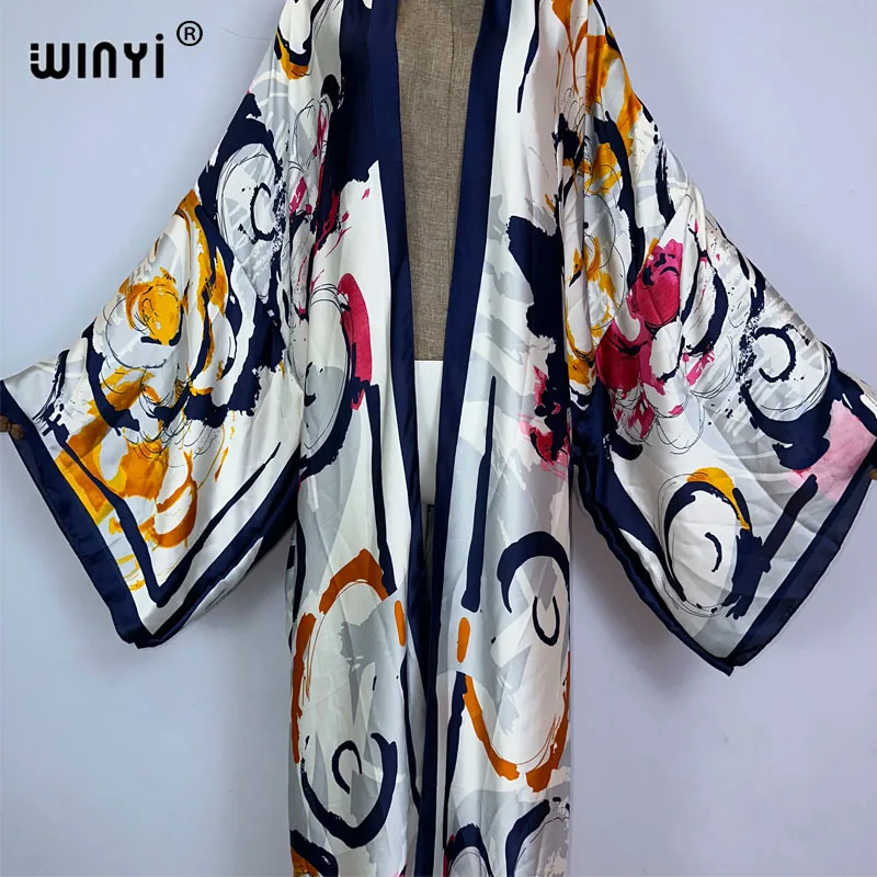 WINYI summer Bohemian Print Bikini Cover-ups Elegant fashion kimono Cardigan sexy Holiday long Sleeve silk feeling loose dress