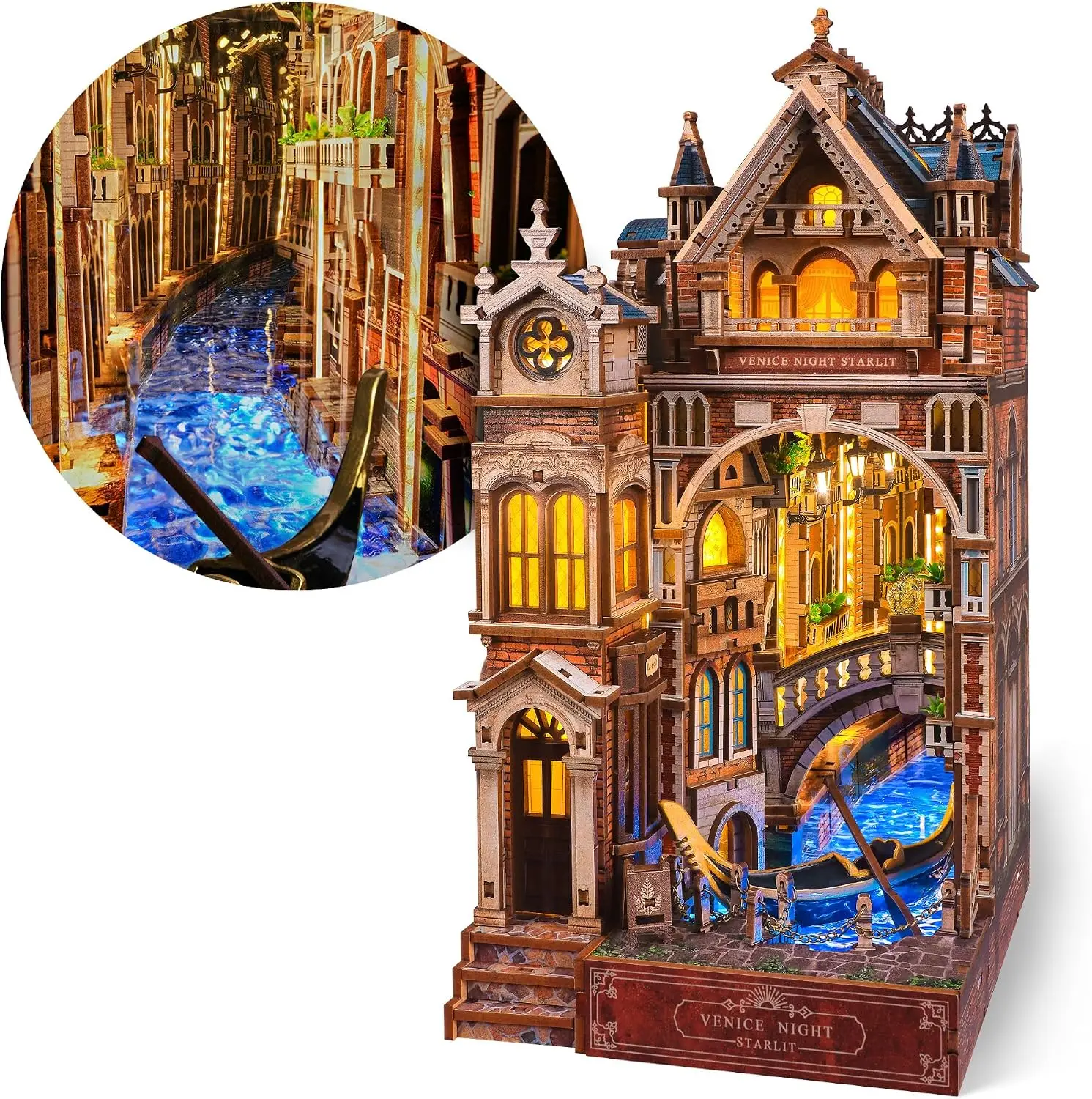 Venice Night Starlit Book Nook LED 3D Wood Puzzle Kit with Infinity Mirror DIY Bookshelf Decor Miniature Craft Gift for Adults