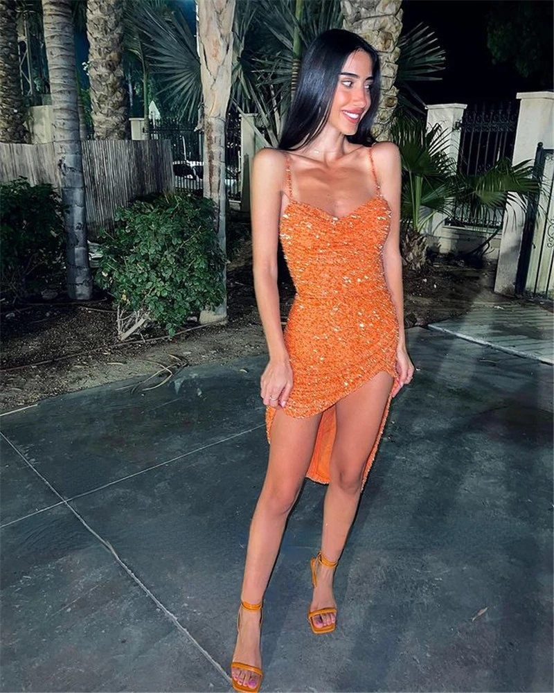 Sexy Orange Glitter Prom Dresses Short Front Long Back Sweetheart Spaghetti Straps Formal Party Cocktail Dress 2022