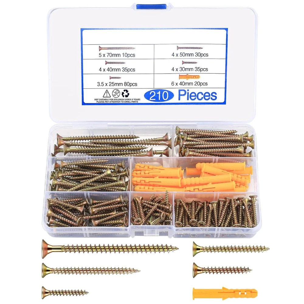 

210pcs Carbon Steel Hardware Screws Gypsum Board Expansion Screws Set Anchor Screw Fiberboard Self-tapping Screws Box YB846(F)