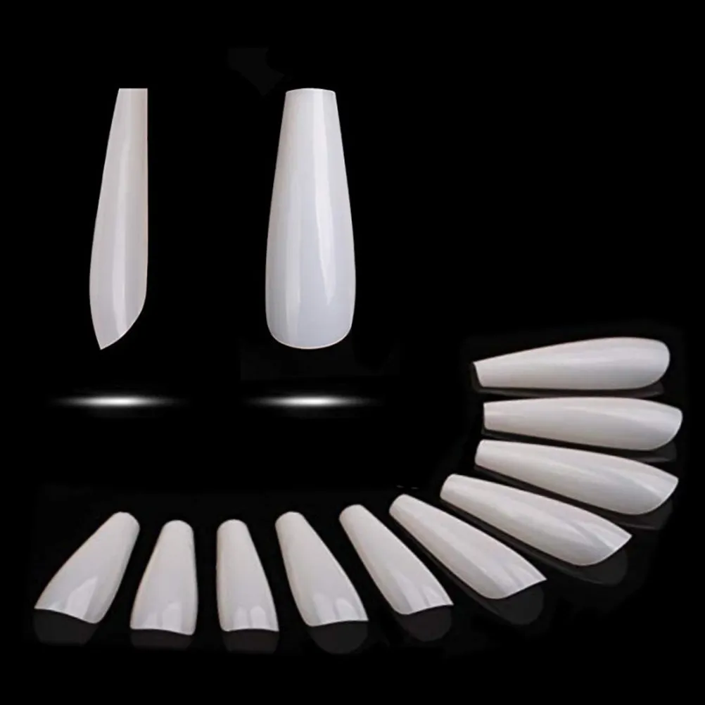 

500 шт. накладных ногтей, длинные, в форме катафалка, полное покрытие, 10 размеров, белые, из АБС-пластика, нетоксичные, без запаха, для салона и дома