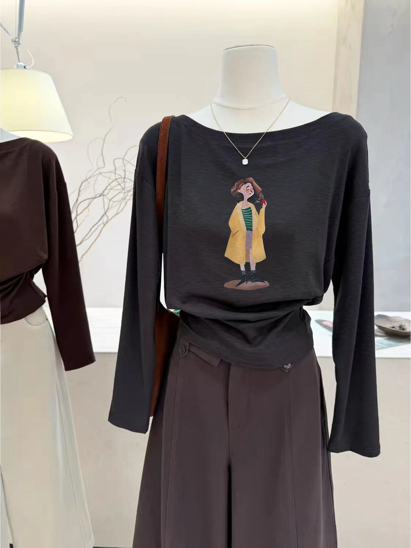 Casual Korean Style Long Sleeve Printed T-Shirt Women's Loose round Neck Design Base Shirt Lazy Style Top Pure Cotton Material