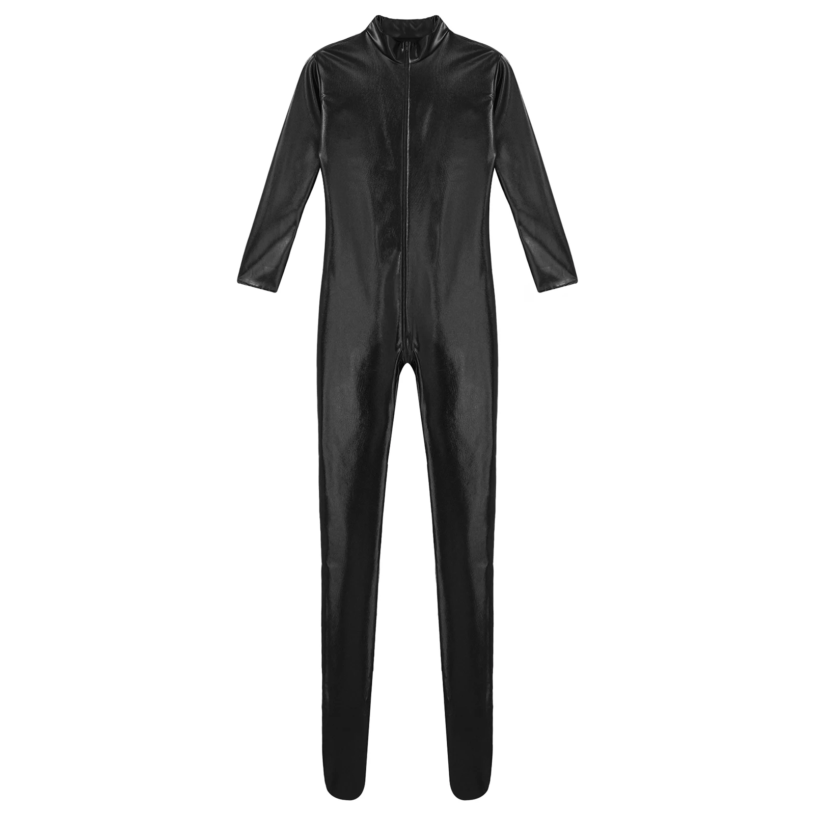 Womens Metallic Shiny Jumpsuit 긴 소매 앞 지퍼 전신 유니 타드 스타킹 바디 슈트 디스코 레이브 파티 폴 댄스 Clubwear