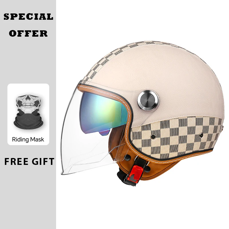 

White Checkerboard Leather Retro 3/4 Open Face Motorcycle Helmet Daul Lens DOT ECE Men Women Vintage Jet Helmet Double Visor