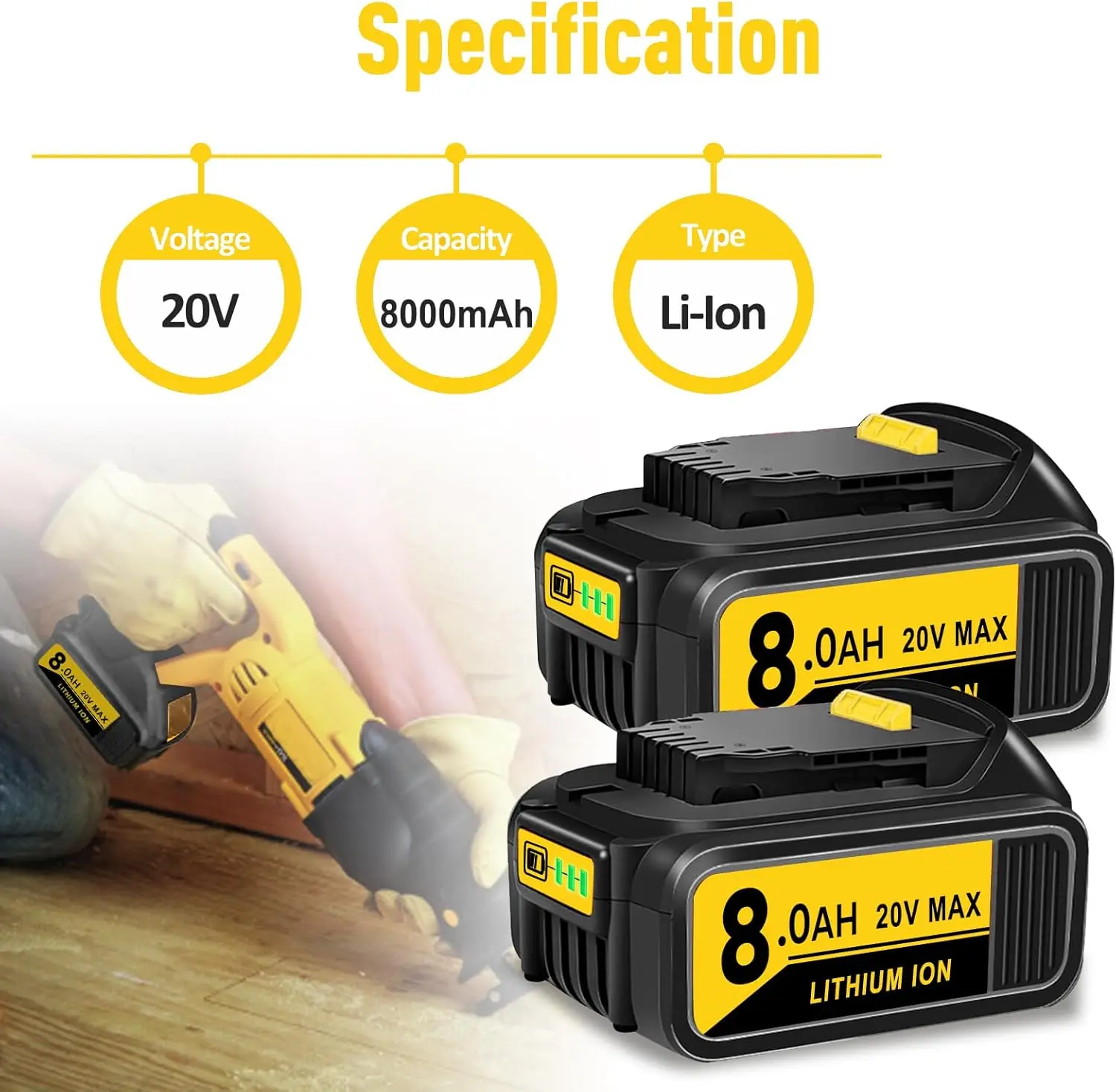 2Pack 8.0Ah 20V Lithium Battery Replacement for Dewalt 20v Battery Compatible with Dewalt Battery DCB206 DCB204 DCB200 DCB180 wi