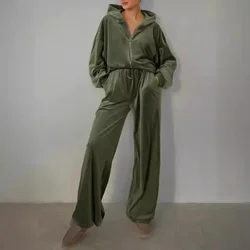 Damen bequeme Samt Freizeit kleidung Anzug 2024 Herbst neue lose Mode Reiß verschluss Jacke Kordel zug Hose zweiteilige Sets