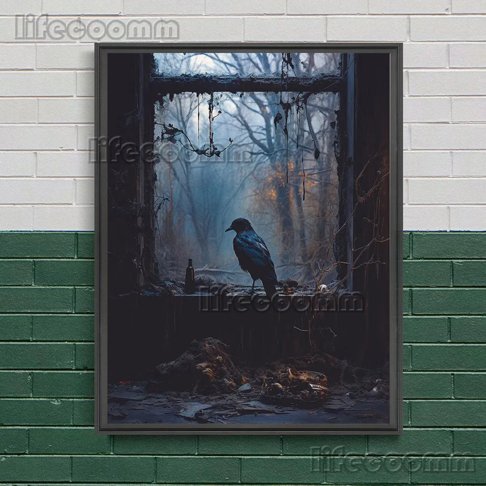 الطيور الطنانة والغربان أمام عتبة النافذة القديمة، لوحة جدارية عتيقة، لوحة قماشية، فن جماليات داكنة، طباعة ملصق، ديكور #5