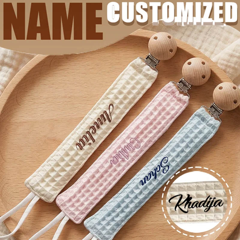 Personalized Fabric Pacifier Clip Holder Hand Embroidered Name Custom Wooden Clip Baby Shower Gift for Newborn Baby