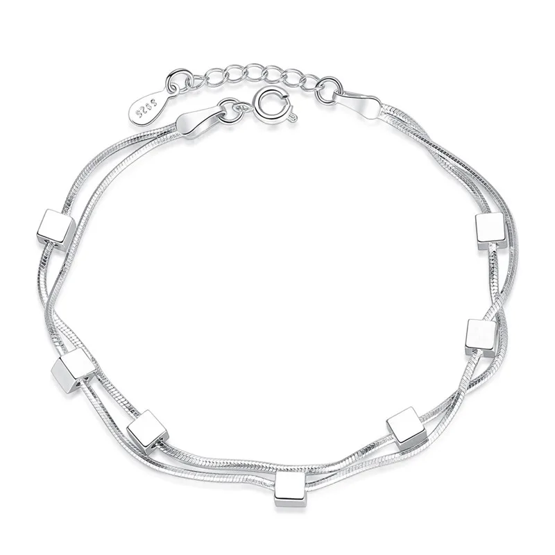 Original New Handmade 925 Sterling Silver Geometry Square Bilayer Bracelets &Bangle For Women Girl XB078