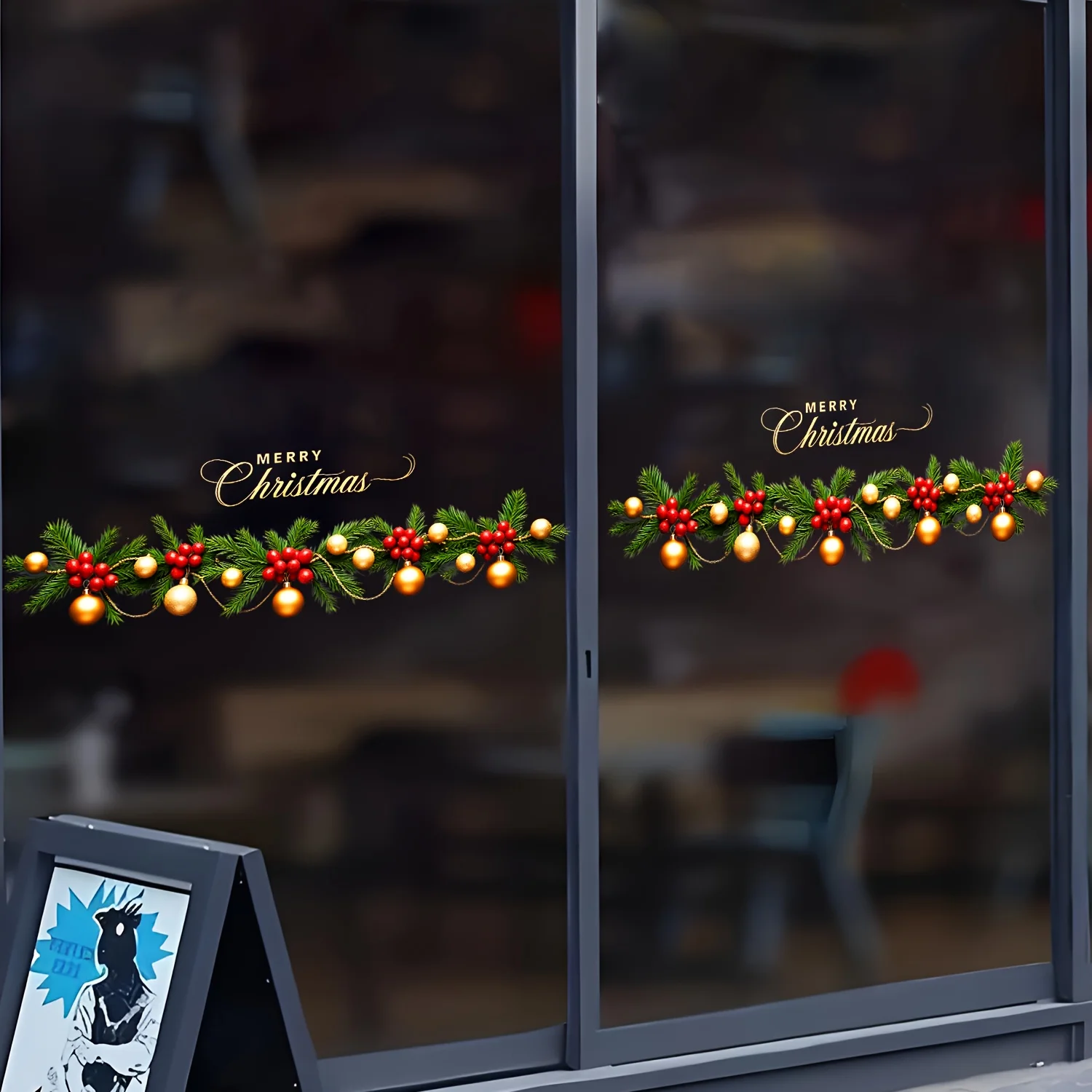 1pc Christmas Theme Wall & Window Decal, Featuring Pine Branches, Red Berries, Gold Ornaments & 