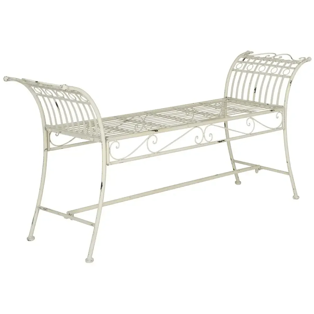 Traditional Iron Garden Bench Swirls Antique White Durable Outdoor Seating Antique Finish 56.3-inch Width Classic Design Rustic