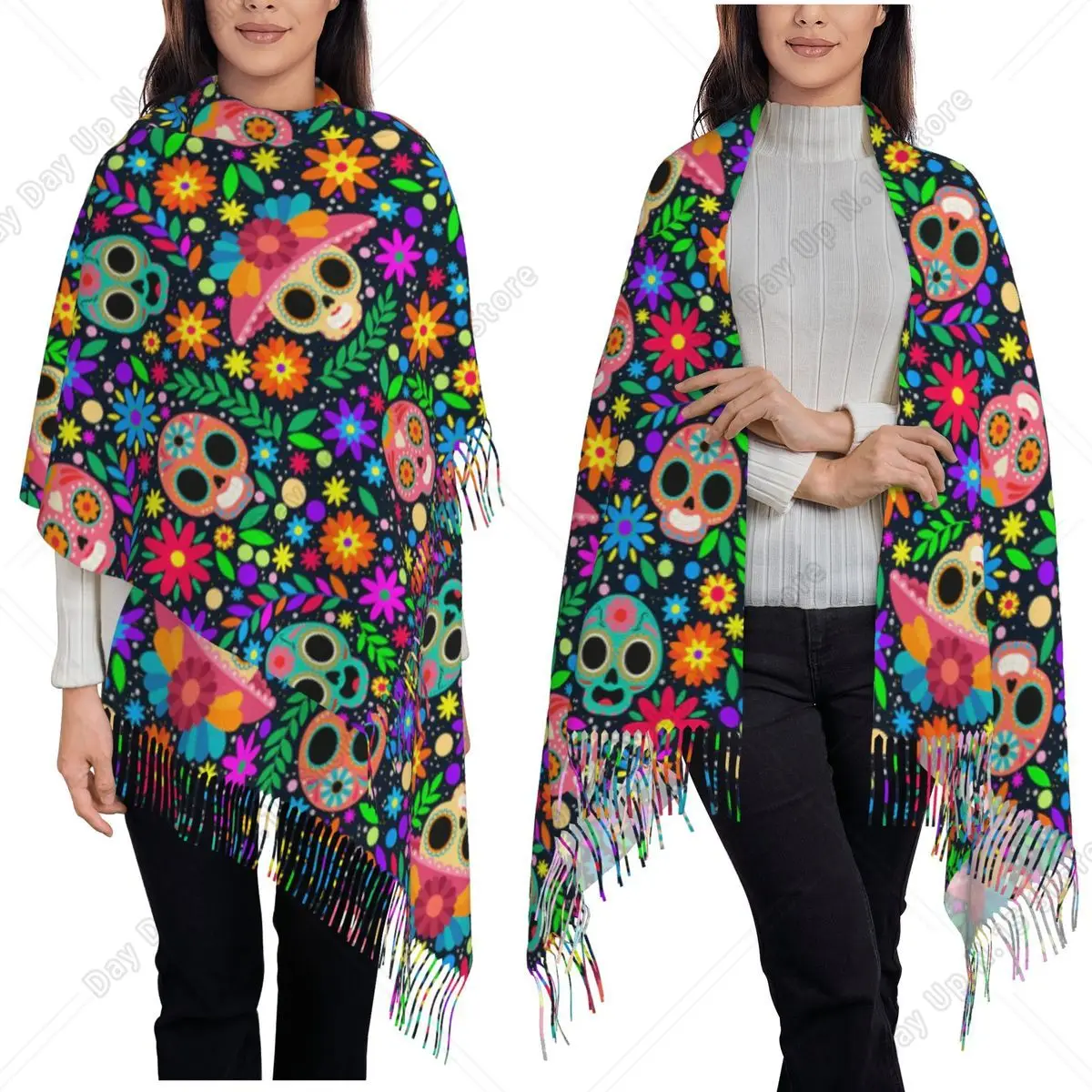 Sugar Skull Mexican Flower Halloween Day Of The Dead Scarf Tassel Scarves for Women Shawl and Wraps Large Fall Winter Shawl Wrap