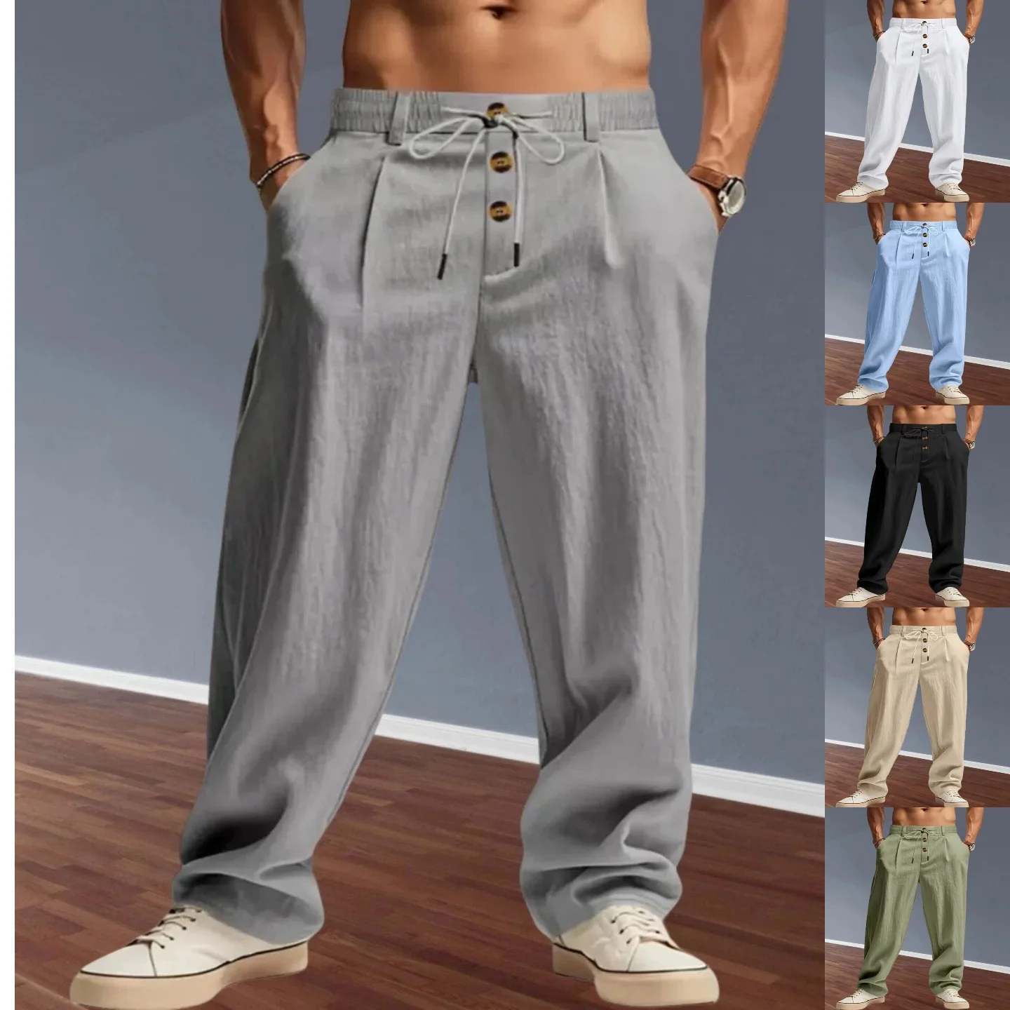 

Spring and Summer Men's New Cotton-Linen Solid Color, Street Casual Urban Loose Trendy, Comfortable Drawstring Pants