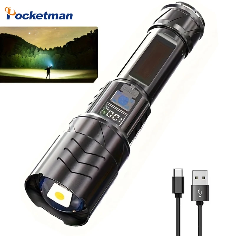 1/2pcs Handheld Flashlights USB Charging Lithium Battery Capacity 1200mAh Portable Flashlight with Digital Display Outdoor Torch