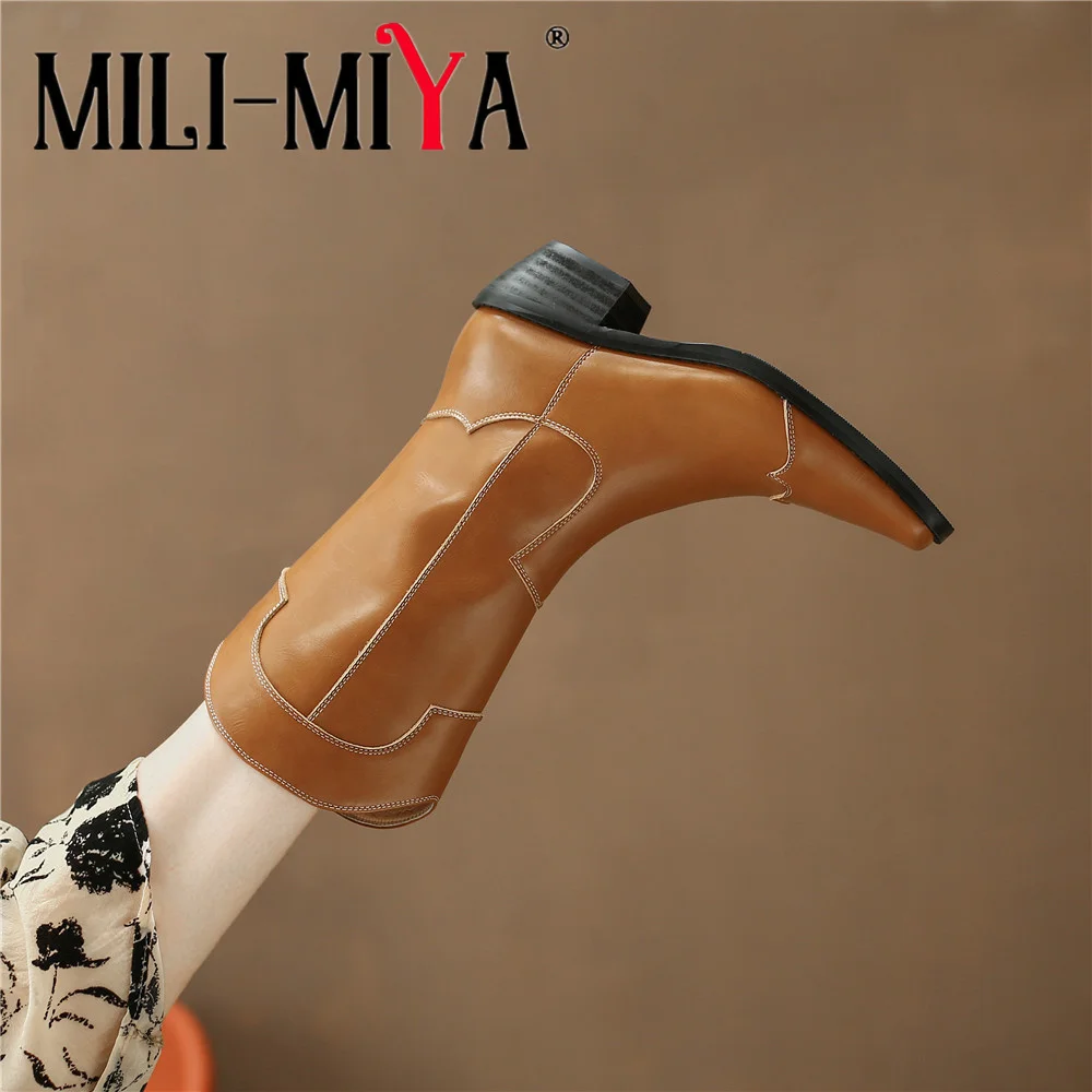 MILI-MIYA Hot Sale Mid-Calf Boots Luxury Genuine Leather Small Square Toe Thick Heel Side Zip Fashion Sexy Elegant Women Shoes