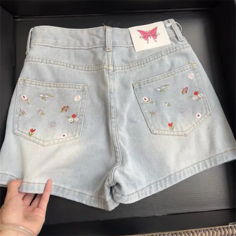 Denim Short Shorts for Women Summer High Waist Pocket Floral Jean Shorts Casual Loose A Line Hot Pants
