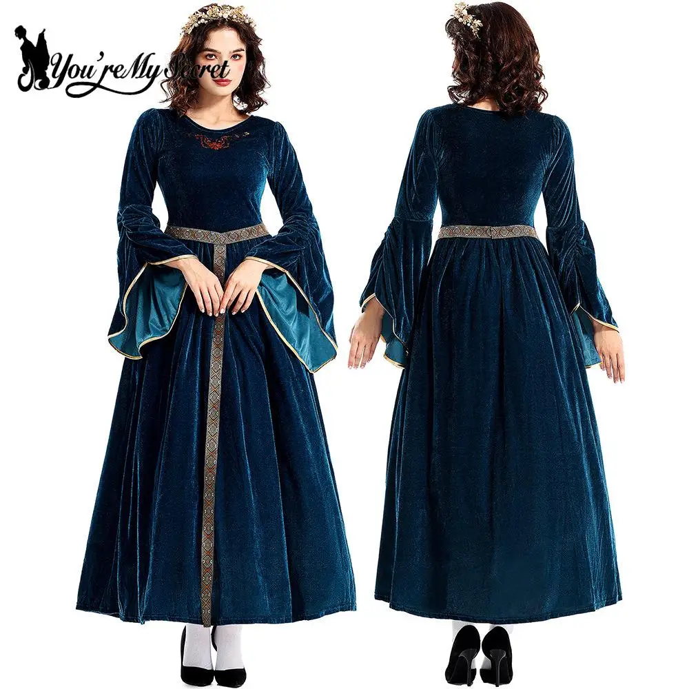[You're My Secret] Women Medieval Costume Halloween Court Ball Flared Sleeve Princess Dress Cosplay Stage Performance Costume