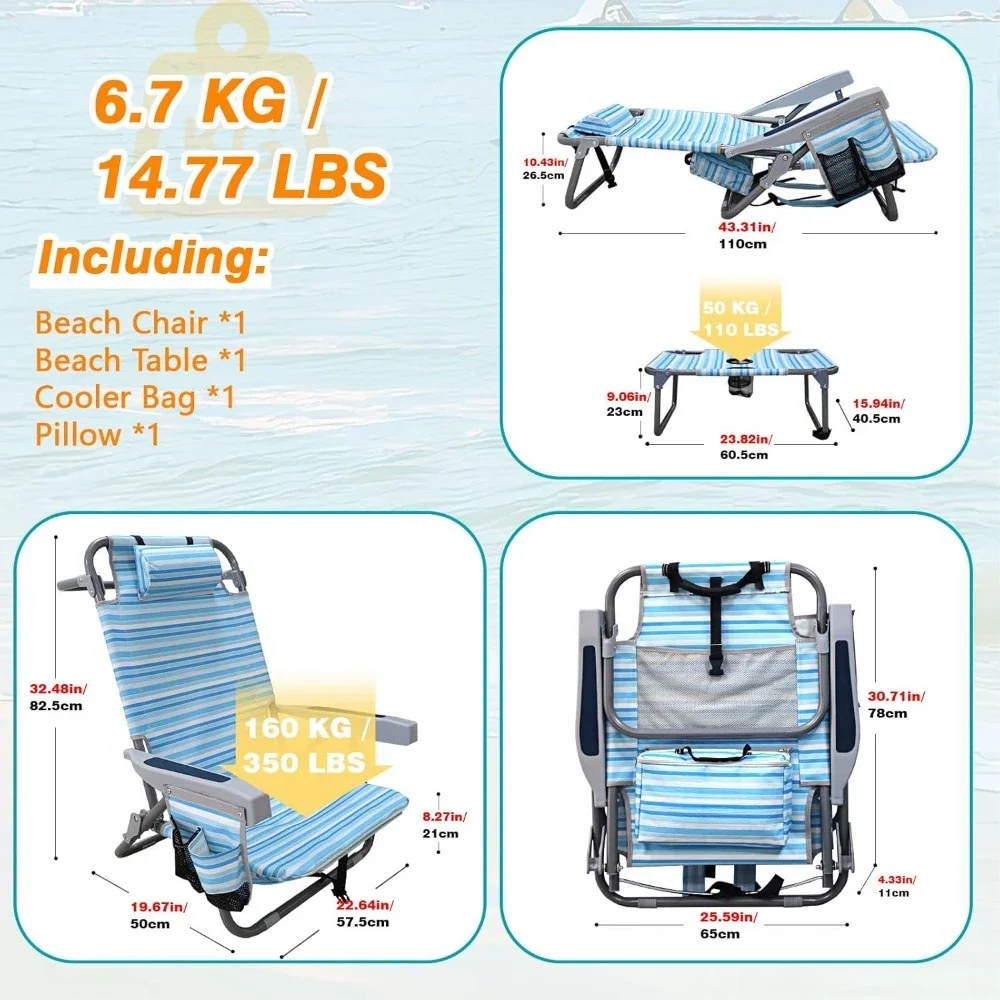 Conjunto de cadeira de praia dobrável para adultos, Heavy Duty, mesa de acampamento, portátil, ajustável, 5 posições, 350 lbs, 2 peças