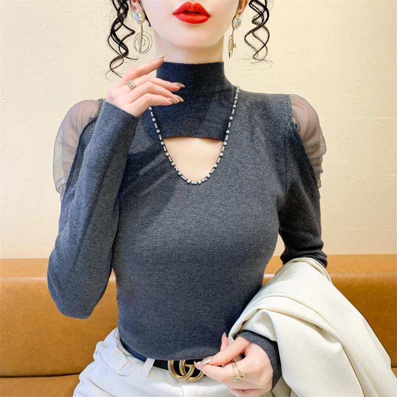 

2025,New,European,Clothes,Knitted,Sweater,Women,Chic,Sexy,Mock Neck,Hollow Out,Beading,Hollow Out,Long Sleeve,Mesh,Tops,412135