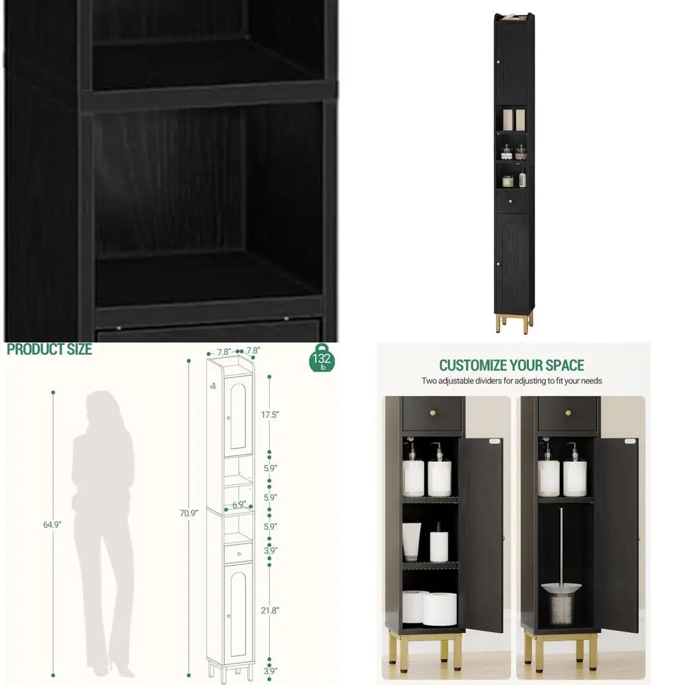 Высокий черный отдельно стоящий шкаф для ванной комнаты с регулируемыми полками, 7,9D x 7,9 Ш x 70,9H