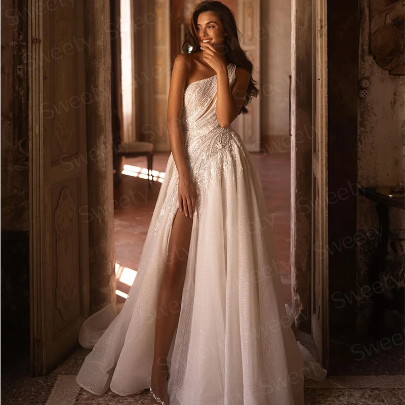 Lussuoso abito da sposa in organza con ricamo perline fessura una linea abito da ballo monospalla senza maniche bottoni da sposa Vestido De N