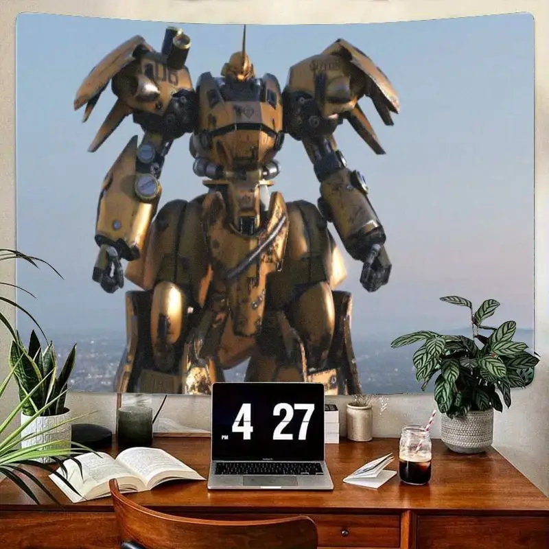 

1 шт. золотисто-коричневый роботизированный меховой гобелен с механическими деталями, большими угловыми оружиями/плечами, городской пейзаж, фоновое настенное искусство для