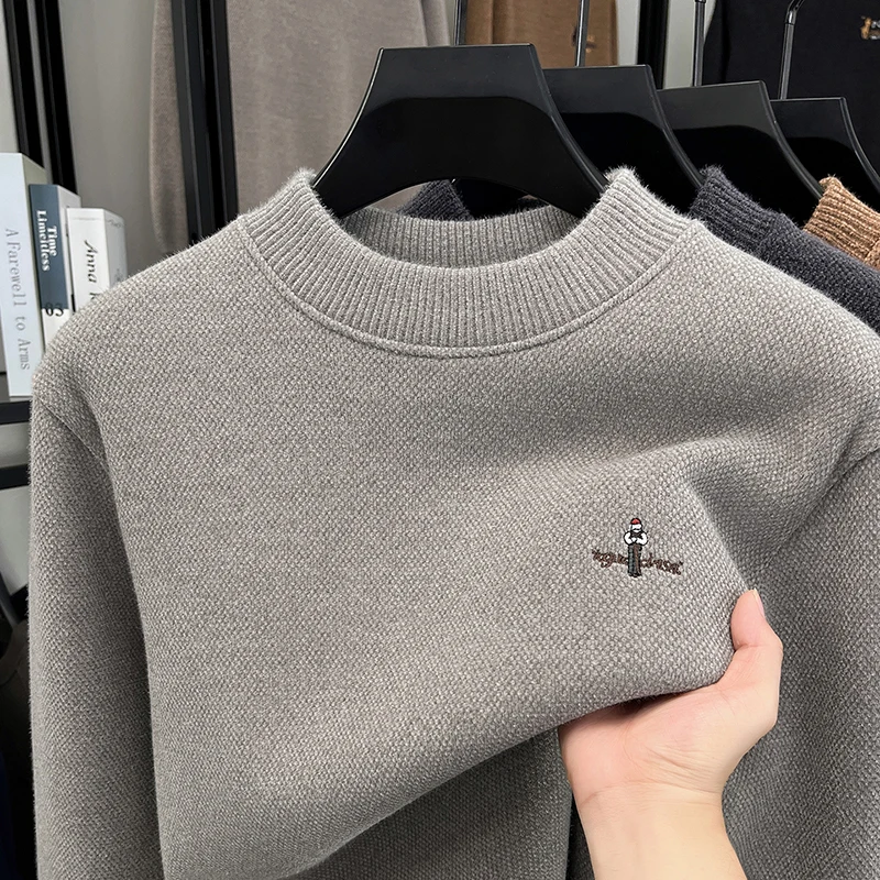 

Осенне-зимний толстый свитер, мужской новый однотонный вязаный базовый свитер с круглым вырезом и вышивкой, повседневный пуловер, свитер