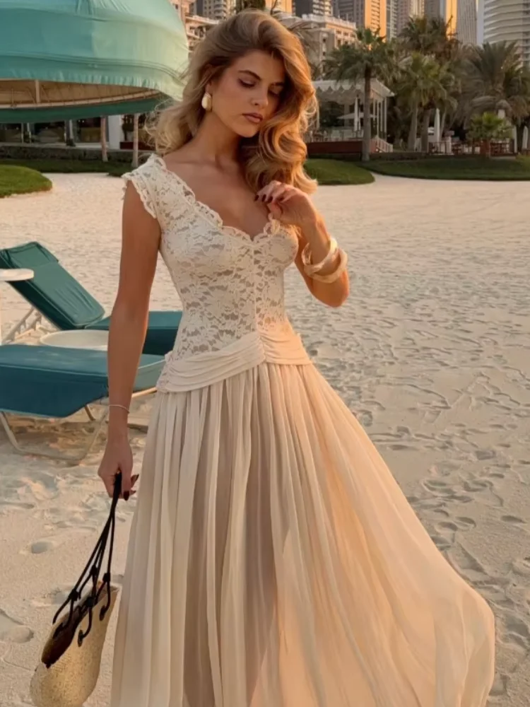 Women Lace Trim Cap Sleeve Two-piece Set Maxi Dress Deep V-neck Sheer High-waist Chiffon Dress Travel Bohemian Style Outfits