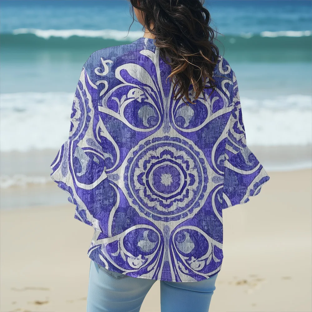 Blue Bohemian Peacock Shirt V-Neck Floral Paisley Blouse Elegant Bell Sleeves Women's Loose Casual Beach Cover-Up Streetwear